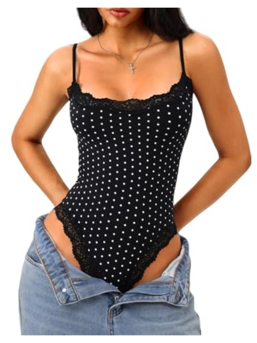 Square Neck Lace Bodysuit Sleeveless Spaghetti Strap Tank Top